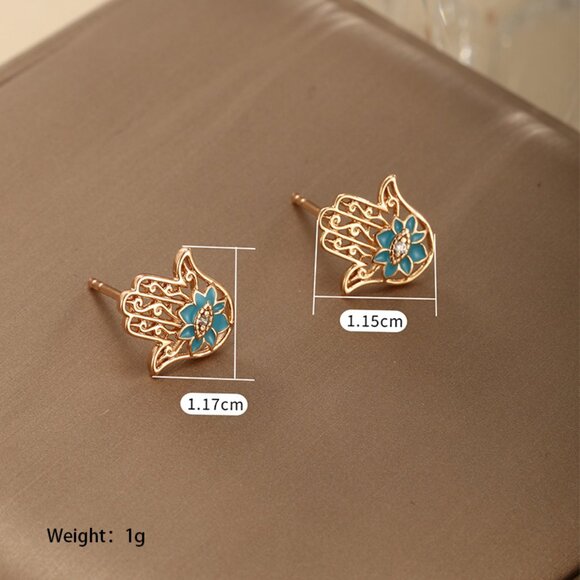 3/$35 18K Gold Plated Copper Ear Studs Flower Palm Hand Hamsa Small Earrings - Picture 5 of 5